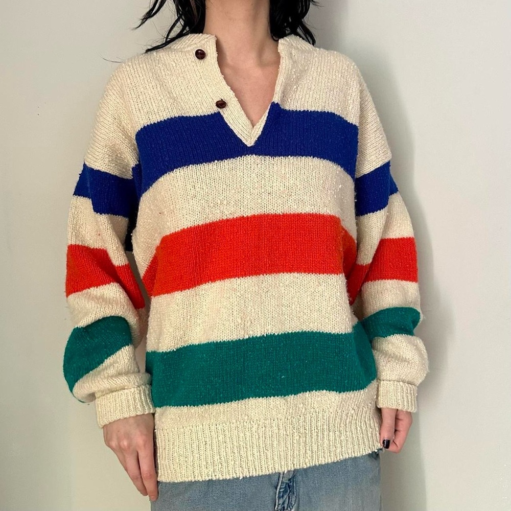 Cream Striped V-Neck Pullover Sweater with Blue, Red & Green Bands